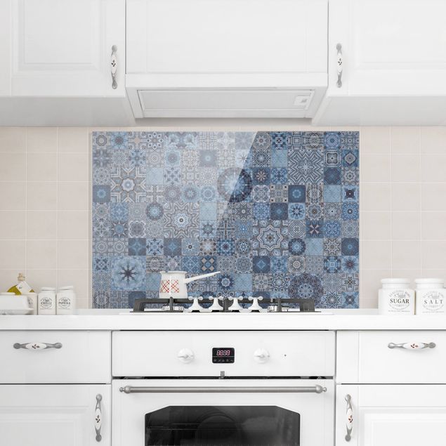 Spatscherm keuken Art Deco Tiles Bluish Grey Marble With Golden Shimmer