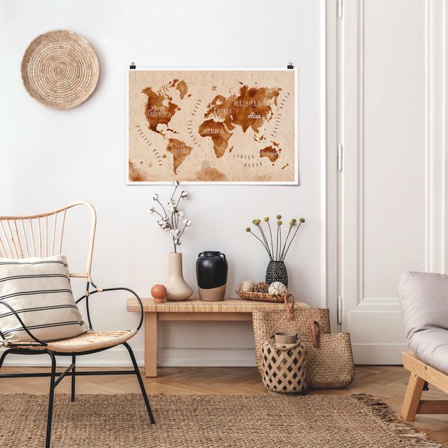 Posters World Map Watercolour Beige Brown