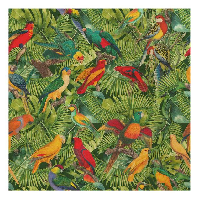 Houten schilderijen Colourful Collage - Parrots In The Jungle