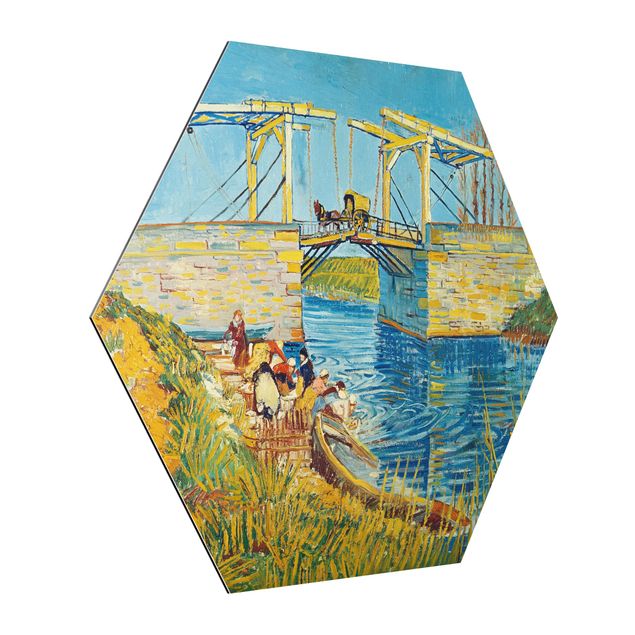 Hexagons Aluminium Dibond schilderijen Vincent van Gogh - The Drawbridge at Arles with a Group of Washerwomen