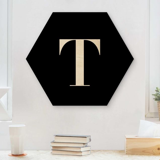 Hexagons houten schilderijen Letter Serif Black T