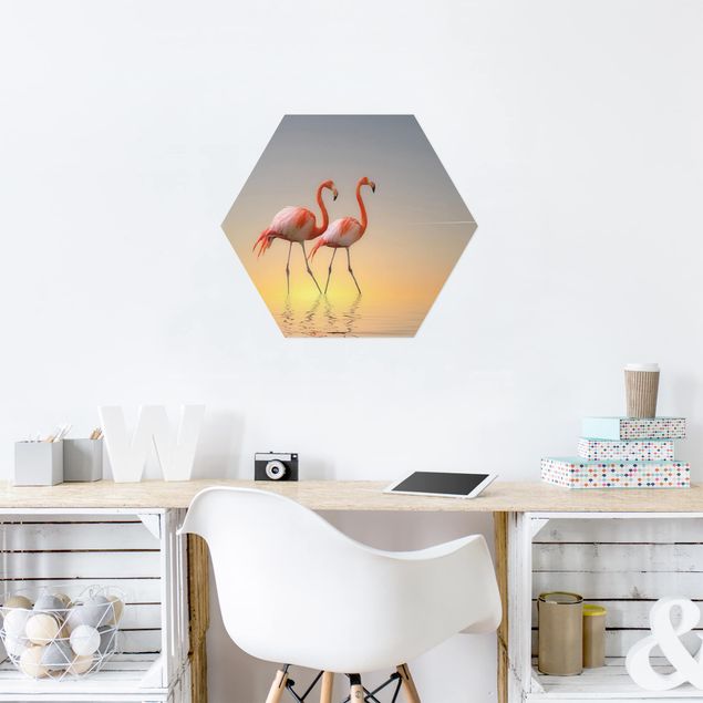 Hexagons Aluminium Dibond schilderijen Flamingo Love