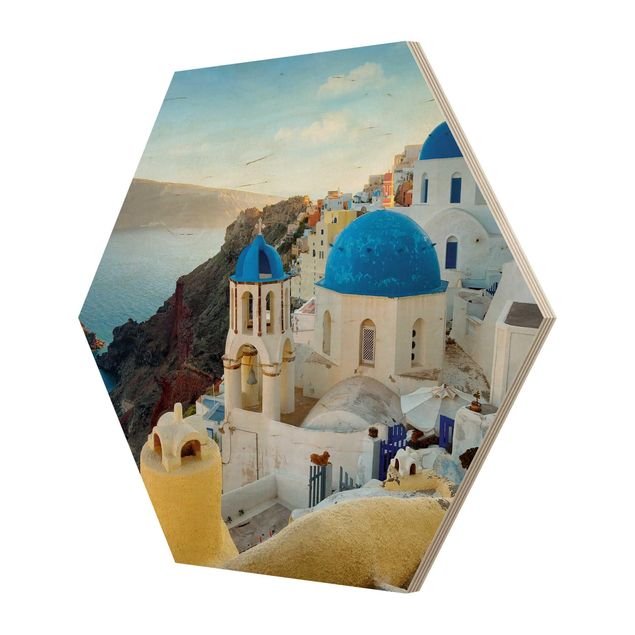 Hexagons houten schilderijen Santorini