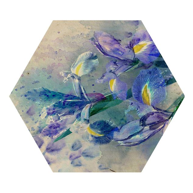 Hexagons houten schilderijen Watercolour Flowers Iris