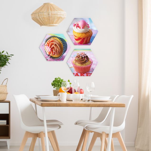 Hexagons Forex schilderijen - 3-delig Colourful Cupcakes
