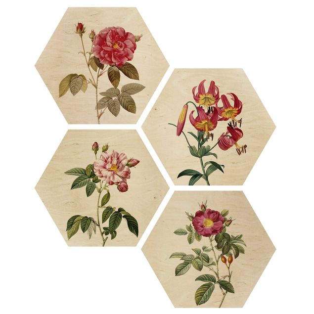Hexagons houten schilderijen - 4-delig Pierre Joseph Redoute - Roses And Lilies