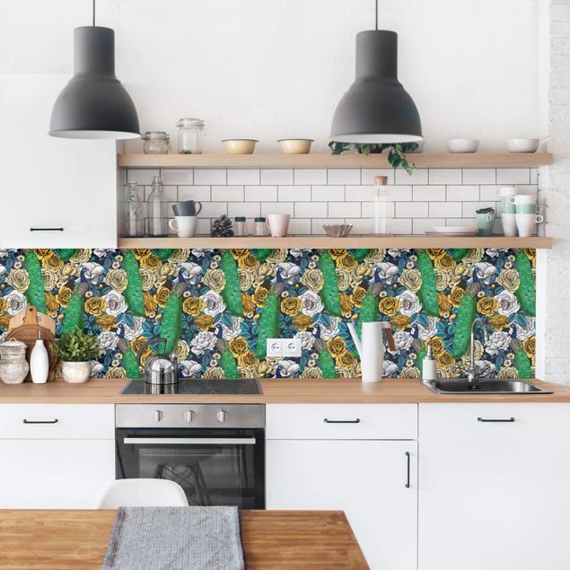 Achterwand voor keuken patroon Peacock With Flowers