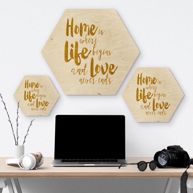 Hexagons houten schilderijen Home Is Where Life Begins Gold
