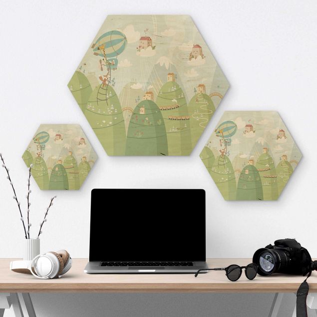 Hexagons houten schilderijen Forest With Houses And Animals