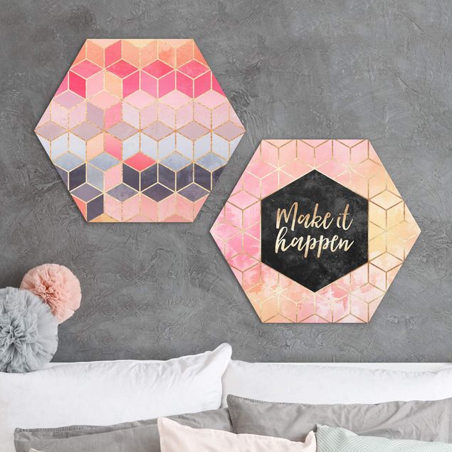 Hexagons Aluminium Dibond schilderijen - 2-delig Make It Happen Geometry Set Pink