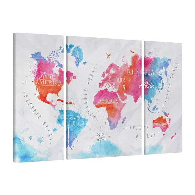 Canvas schilderijen - 3-delig World Map Watercolour Red Blue
