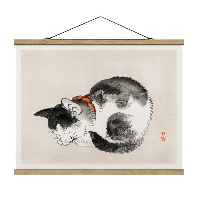 Stoffen schilderij met posterlijst Asian Vintage Drawing Sleeping Cat