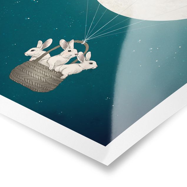Posters Illustration Rabbits Moon As Hot-Air Balloon Starry Sky