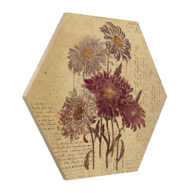 Hexagons houten schilderijen Vintage Flowers With Handwriting