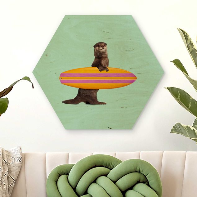 Hexagons houten schilderijen Otter With Surfboard