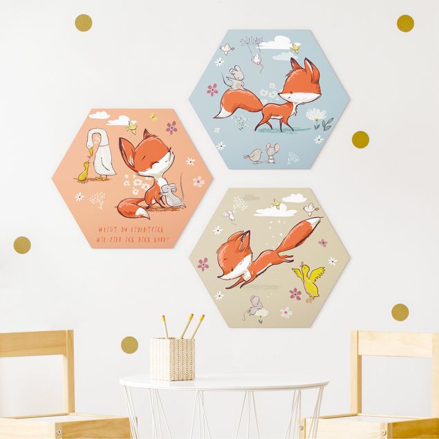 Hexagons Forex schilderijen - 3-delig Fox And His Friends