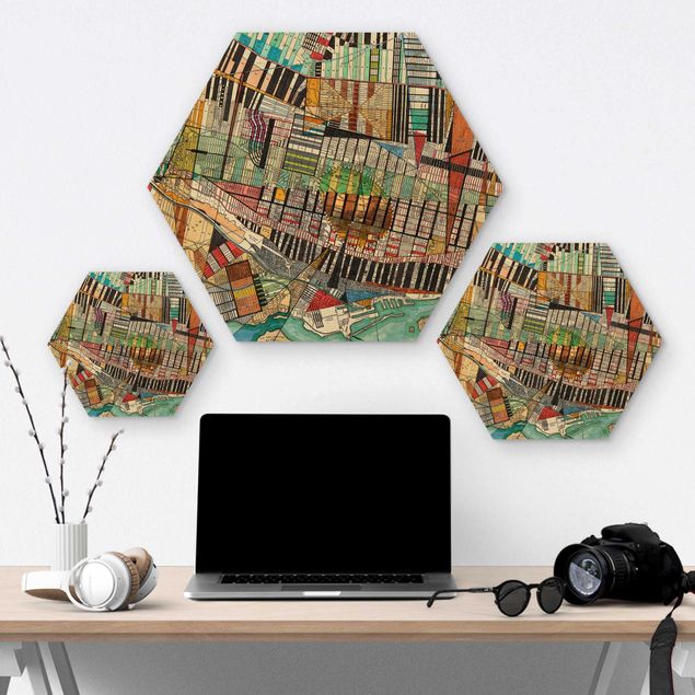 Hexagons houten schilderijen Modern Map Of Montreal