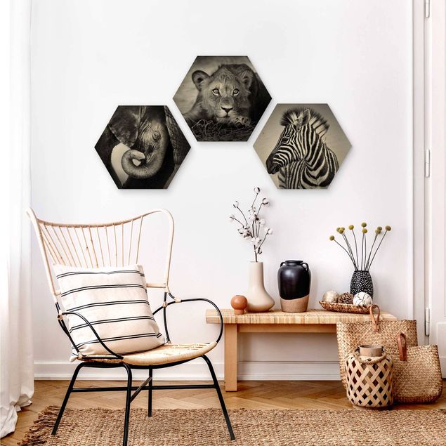 Hexagons houten schilderijen - 3-delig Baby Animals