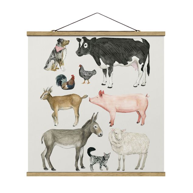 Stoffen schilderij met posterlijst Farm Animal Family I