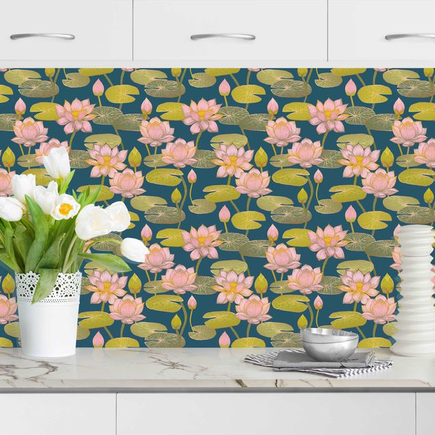 Achterwand voor keuken bloemen Lotus On Blue