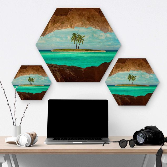 Hexagons houten schilderijen View of Paradise