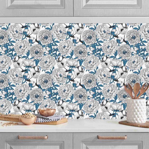 Achterwand voor keuken bloemen Peonies And Tomtits In White And Blue
