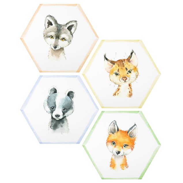 Hexagons Forex schilderijen - 4-delig Watercolour Forest Animals Set IV