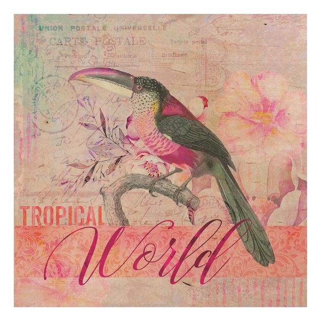 Houten schilderijen Vintage Collage - Tropical World Tucan