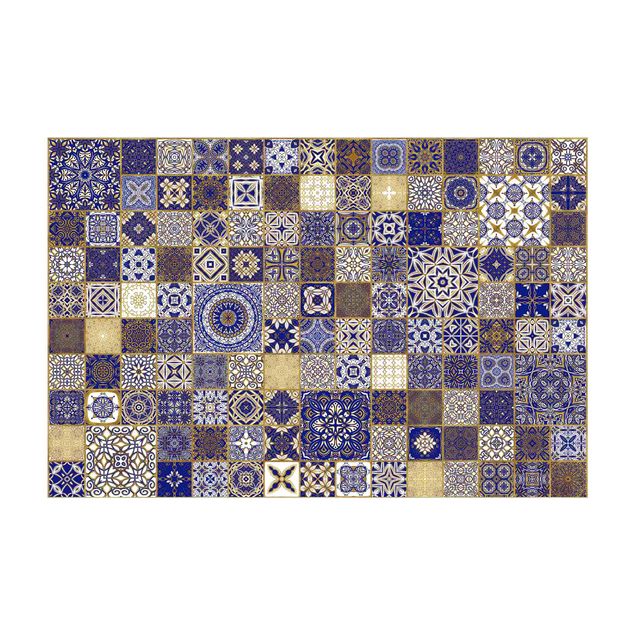 eetkamer tapijt Oriental Tiles Blue With Golden Shimmer