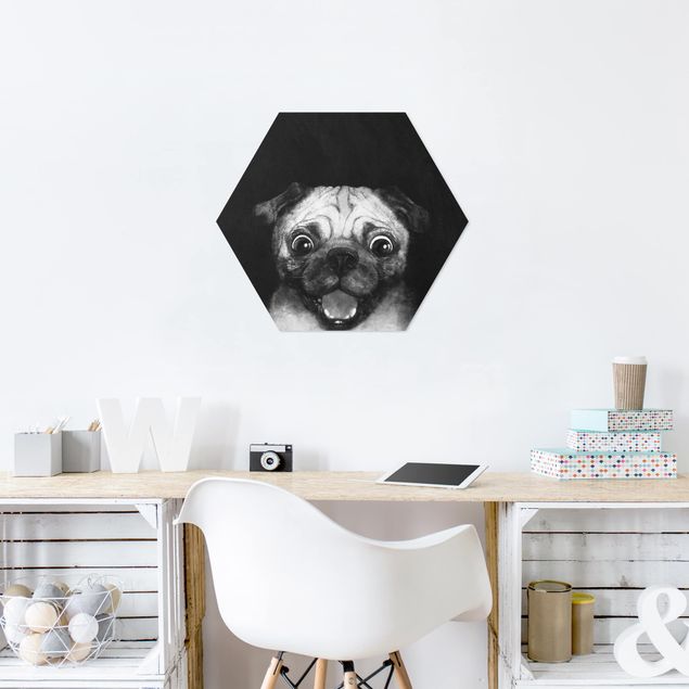 Hexagons Forex schilderijen Illustration Dog Pug Painting On Black And White