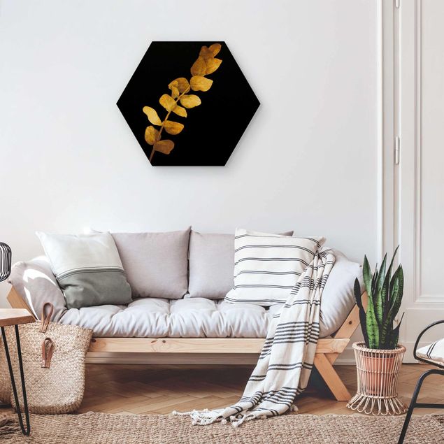 Hexagons houten schilderijen Gold - Eucalyptus On Black