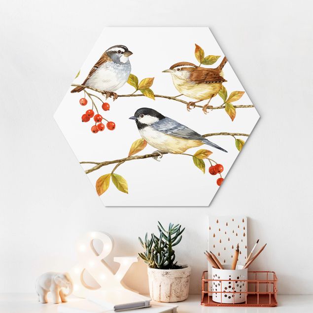 Hexagons Aluminium Dibond schilderijen Birds And Berries - Tits