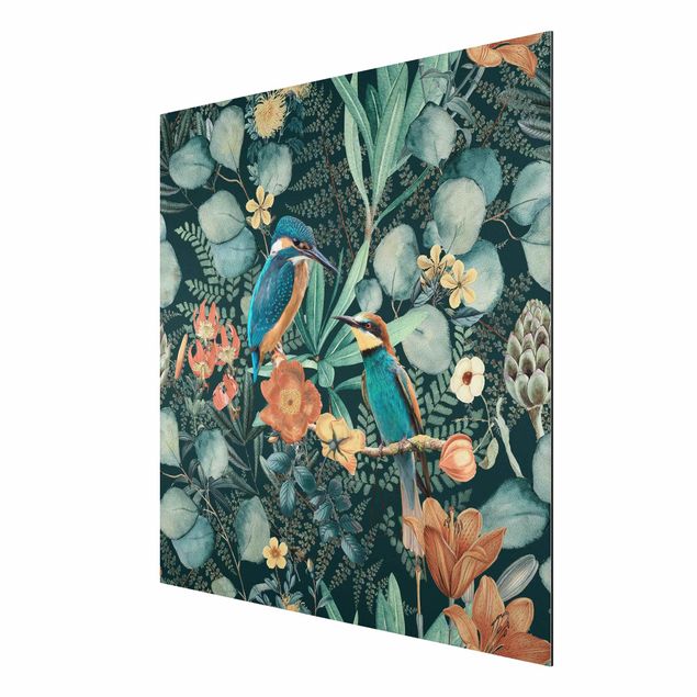 Aluminium Dibond schilderijen Floral Paradise Kingfisher And Hummingbird