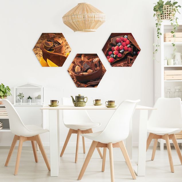 Hexagons Aluminium Dibond schilderijen - 3-delig Chocolate With Fruit And Almonds
