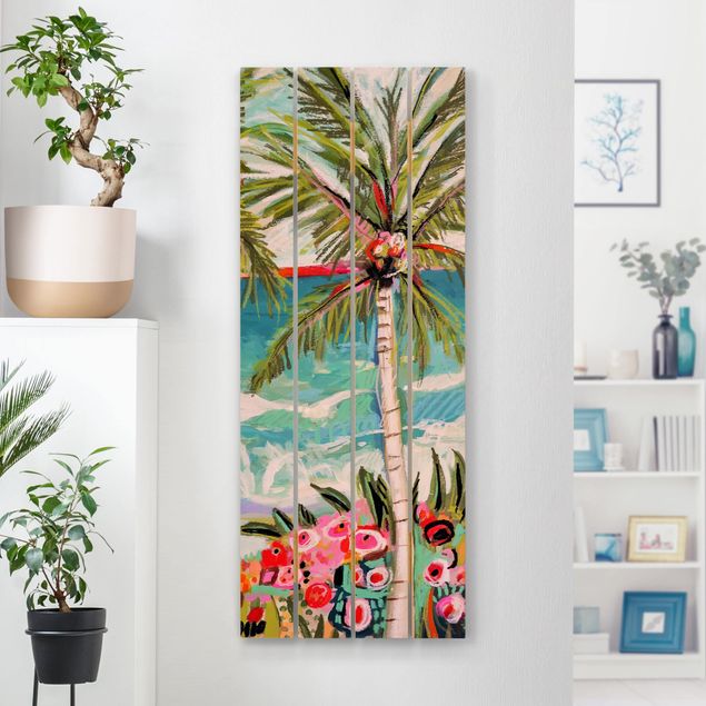 Houten schilderijen op plank Palm Tree With Pink Flowers II