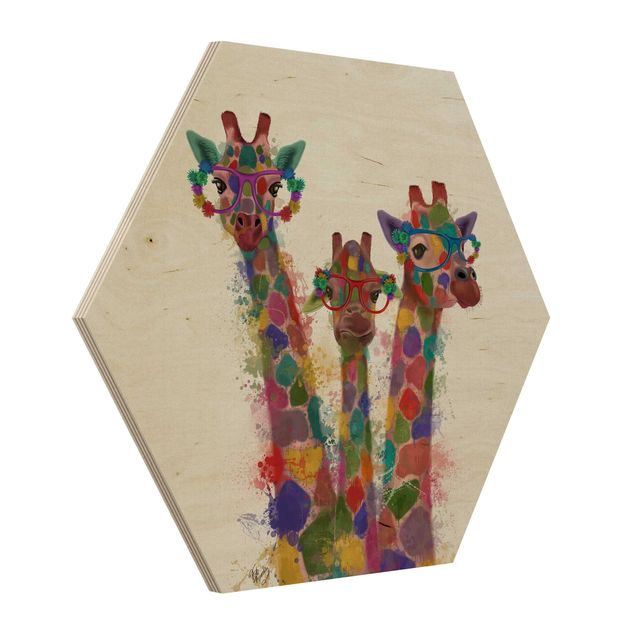 Hexagons houten schilderijen Rainbow Splash Giraffe Trio