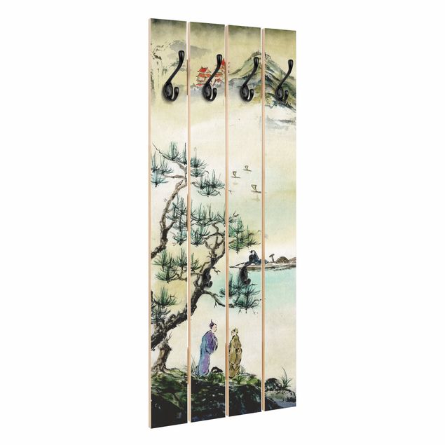 Wandkapstokken houten pallet Japanese Watercolour Drawing Pine And Mountain Village