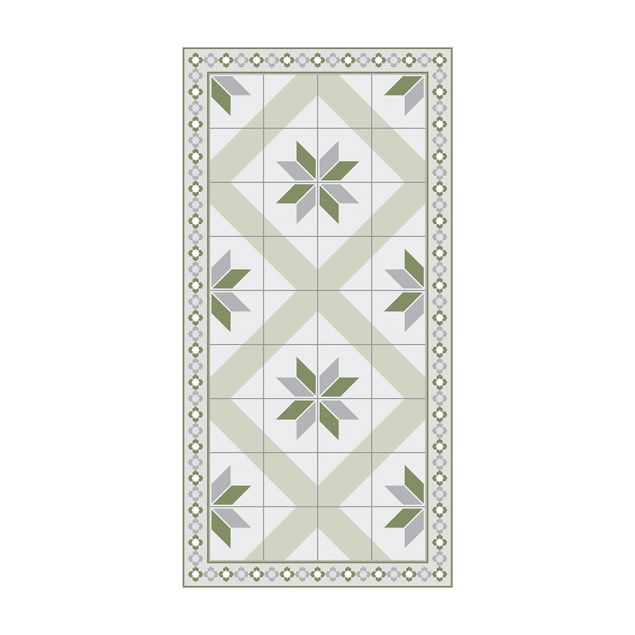 groen vloerkleed Geometrical Tiles Rhombic Flower Olive Green With narrow Border