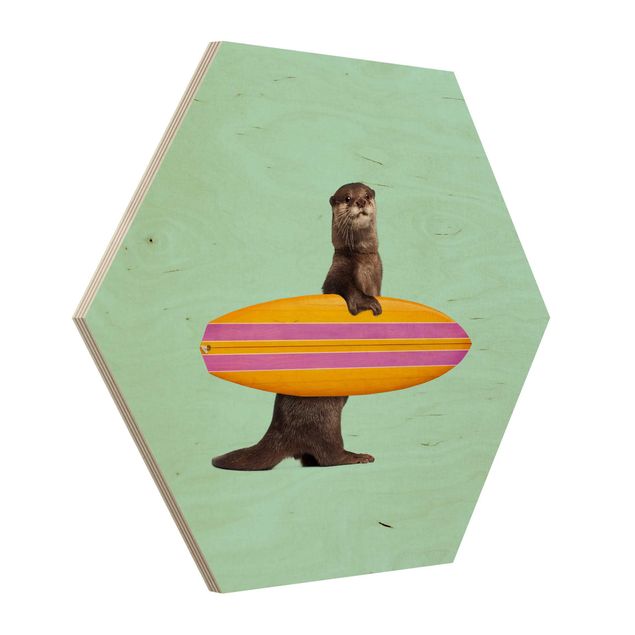Hexagons houten schilderijen Otter With Surfboard