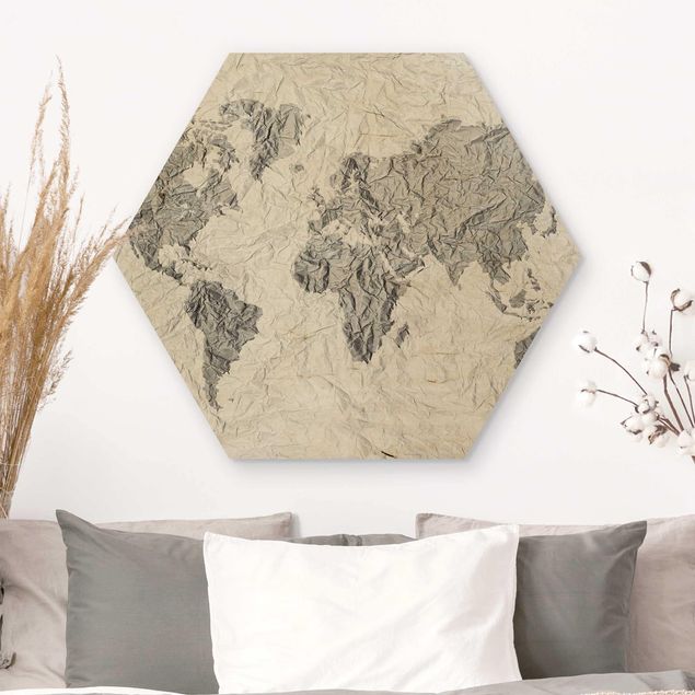 Hexagons houten schilderijen Paper World Map White Grey