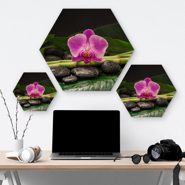 Hexagons houten schilderijen Green Bamboo With Orchid Blossom