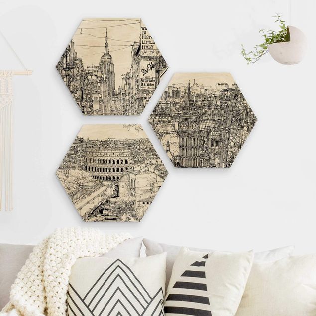 Hexagons houten schilderijen - 3-delig City Studies - New York - London - Rome