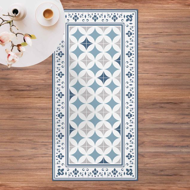 Loper tapijt Geometrical Tiles Circular Flowers Dark Blue With Border