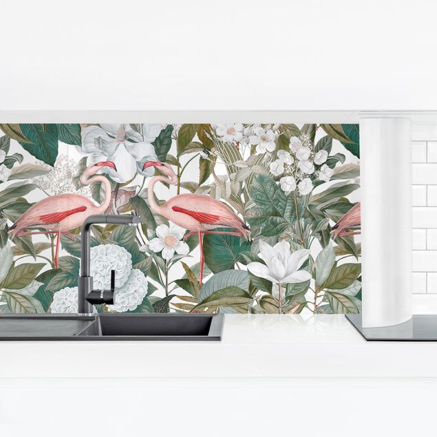 Achterwand voor keuken patroon Pink Flamingos With Leaves And White Flowers