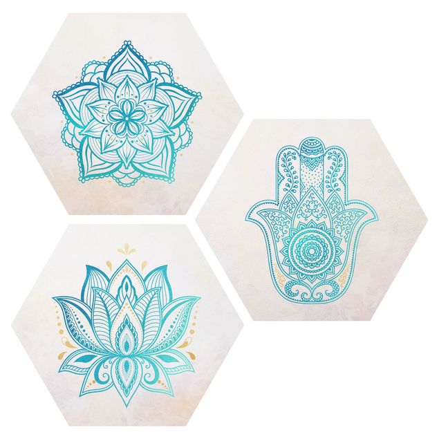 Hexagons Forex schilderijen - 3-delig Mandala Hamsa Hand Lotus Set Gold Blue