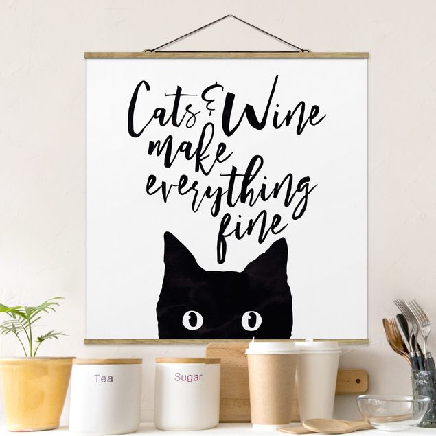 Stoffen schilderij met posterlijst Cats And Wine make Everything Fine