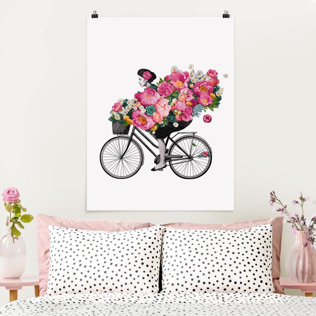 Posters Illustration Woman On Bicycle Collage Colourful Flowers