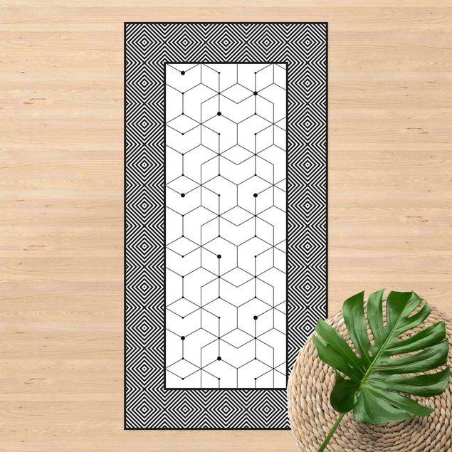 Balkonkleden Geometrical Tiles Dotted Lines Black And White With Border