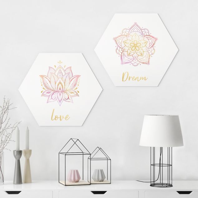 Hexagons Forex schilderijen - 2-delig Mandala Dream Love Set Gold Pink
