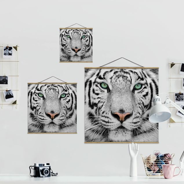 Stoffen schilderij met posterlijst White Tiger